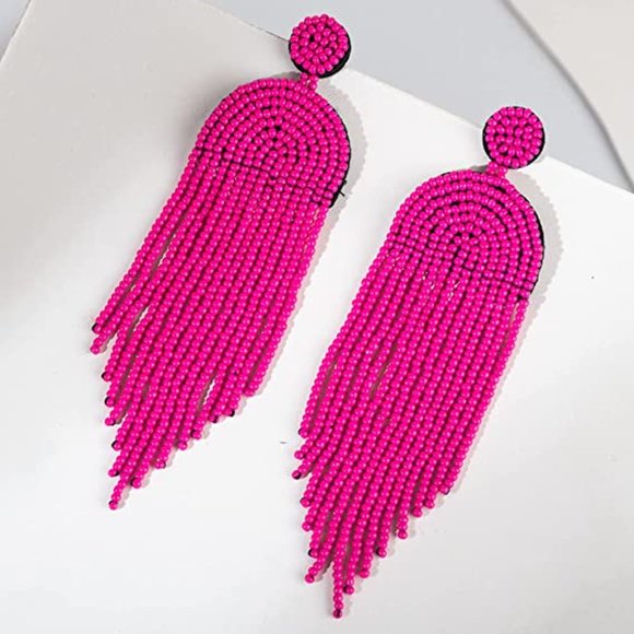Long 4.5" Hot Pink Modern Art Deco Oversized Bohemian Earrings New Tassel Fringe - Picture 6 of 6